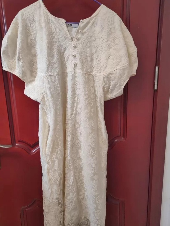 Dresses & Skirts - Cream Embroidered Midi Dress with Pearl Buttons
